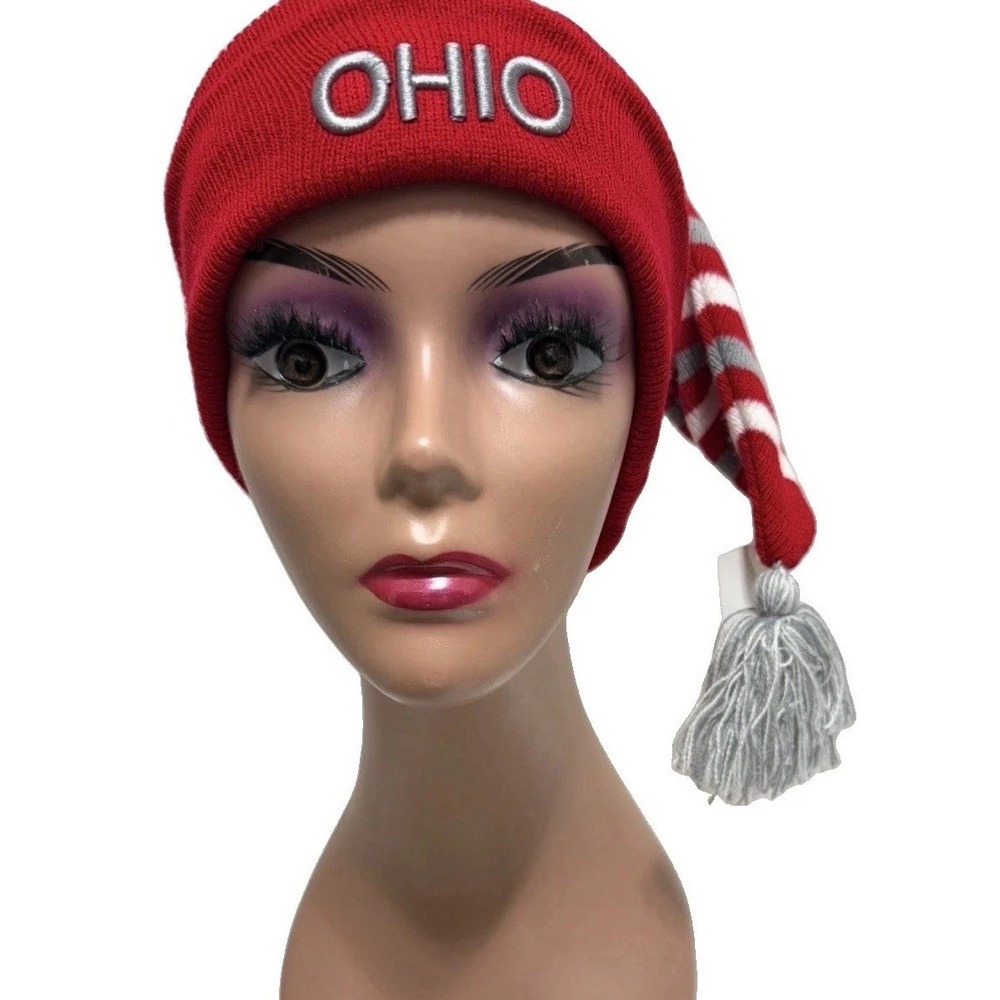 Ohio Embroidered Red White Gray Striped Pom Cuffed Knit Beanie Hat NWT